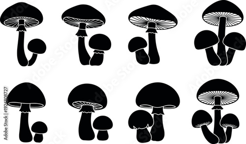 Black mushroom silhouette set with fungus toadstool forest nature elements and organic shapes for laser cut vinyl decal and illustration.