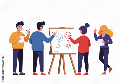 Team members collaborating and brainstorming ideas using a whiteboard during a business meeting or creative workshop.