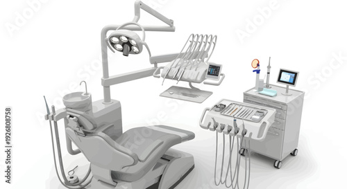 Dental equipment setup in a modern clinic with a chair and tools on display from a front viewpoint