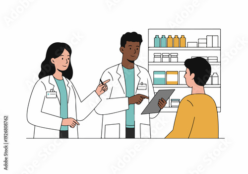 Multiracial pharmacists advising a customer about prescriptions and health treatment in a drugstore.
