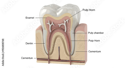 Detailed cross-sectional anatomy of a human tooth, showcasing enamel, dentin, cementum, and pulp chamber in a labeled diagram