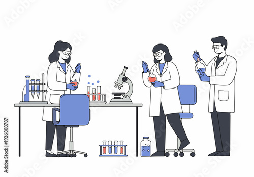 Scientific research team working in a laboratory, performing experiments with chemical samples, test tubes, and a microscope.