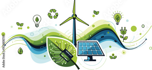 Renewable Energy And Green Technology Concept With Solar Panel, Wind Turbine And Eco Circuit Leaf