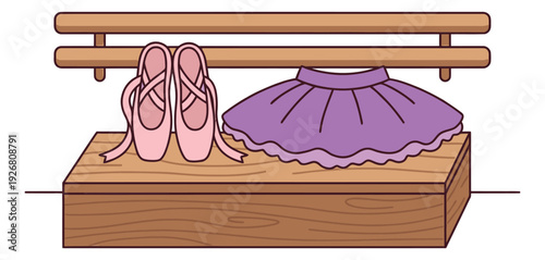 Hand drawn line art ballet set featuring ballet shoes and a tutu skirt on a wooden bench for dance and performance
