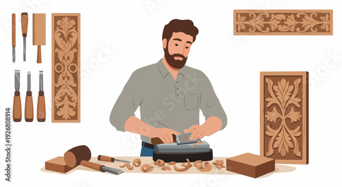Wood carving craftsman sharpening a chisel on a whetstone surrounded by carved decorative panels and traditional woodworking tools.