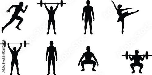 Fitness and sports silhouette collection featuring running athlete, weightlifting exercises and dance performance poses isolated on white background for active lifestyle design