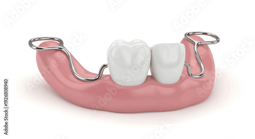Dental prosthesis with artificial teeth attached to metal framework on pink gum model
