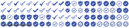 Huge Set of Blue Check Mark and Security Shield Icons Vector Illustration Isolated on White Background for Business Approval Quality Protection and Verification Symbols