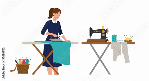 Seamstress Ironing Fabric Next to a Vintage Sewing Machine. Flat Vector Illustration of the Tailoring and Garment Making Process.
