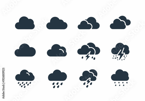 Black Cloud Weather Icons Set: Rain, Storm, Overcast, and Snow Condition Symbols for Digital Applications.