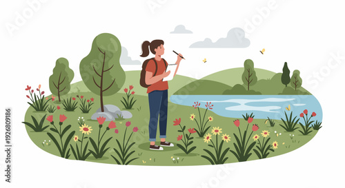 Woman naturalist sketching or taking notes on butterflies and wildflowers by a lake in a beautiful natural landscape, cartoon illustration.