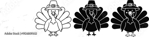Cute turkey character illustrations wearing pilgrim hat in outline and silhouette styles isolated on white background thanksgiving mascot cartoon design set