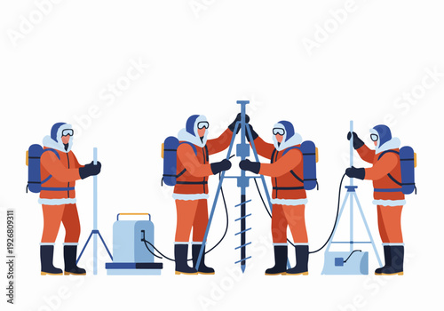 Polar research team conducting field measurements and drilling operations in extreme cold environments, vector illustration.