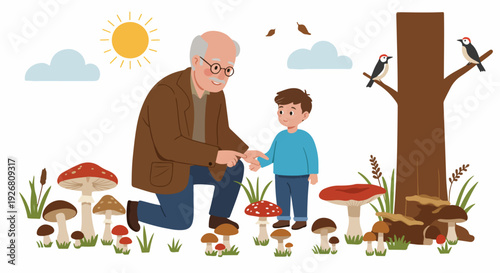 Senior man teaching young boy about nature and foraging for mushrooms in an autumn forest landscape, cartoon vector illustration.
