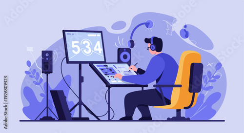 Sound engineer mixing audio tracks and writing notes in a professional recording studio, featuring modern flat vector illustration style.