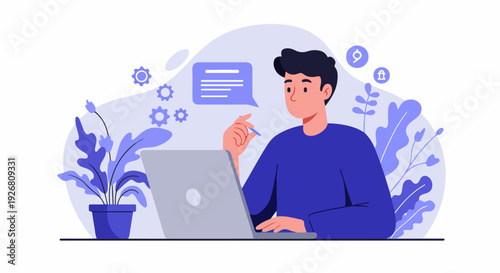 Focused digital worker using a laptop for communication and technology tasks in a stylized modern remote work environment illustration.