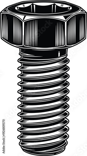 Detailed metal hex bolt screw illustration isolated on white background, industrial fastener hardware design in black engraving style for mechanical engineering and construction graphicsDeta
