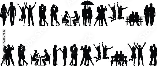 Couple and people silhouette collection showing romantic relationships, dating, walking, celebration and social interaction scenes isolated on white background
