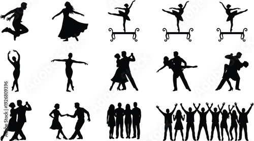 Dance and people silhouette collection featuring ballet dancers, couples dancing and celebrating group figures isolated on white background for creative design