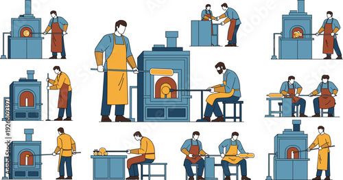 Glassblowing Workshop Vector Set Featuring Artisans Creating Molten Glass Objects with Furnace Tools for Craft, Manufacturing, and Artisan Design Concepts