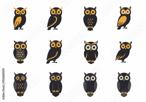 Set of dark, stylized owl icons featuring minimal flat design vectors in black and orange colors, suitable for logo and mascot creation.
