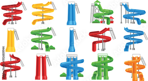Colorful water slide collection for playground and water park attractions featuring spiral and straight slides isolated on white background