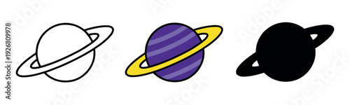 Saturn planet icons with rings in outline, purple and yellow flat, and black solid styles. Solar system symbols for astronomy and science.