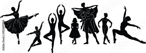 Collection of ballet and dance silhouettes featuring graceful performers in dynamic poses isolated on white background for artistic design use