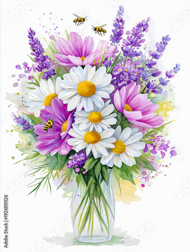 Colorful bouquet of daisies, lavender, and wildflowers in a clear glass vase with bees hovering above, set against a soft watercolor background