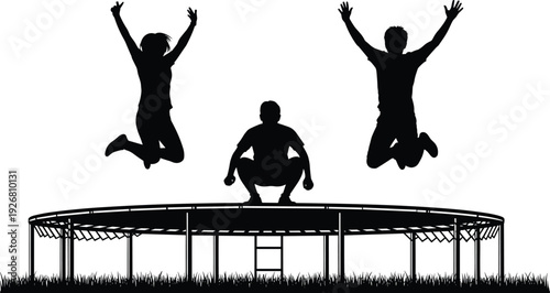Children jumping on trampoline silhouette showing joyful outdoor play activity, active lifestyle and healthy recreation isolated on white background