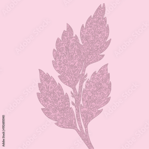 Hand Drawn Pink Leaf Foliage Pattern with Internal Details.