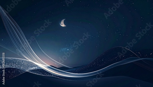 Abstract celestial night with moon and flowing light waves over a dark landscape