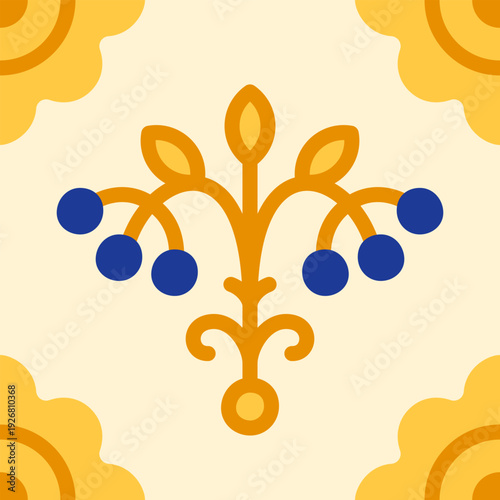 Modern Ukrainian folk pattern with blue viburnum. Traditional ethnic ornament for decorative ceramic tiles, home textile, and upholstery. Seamless vector illustration.