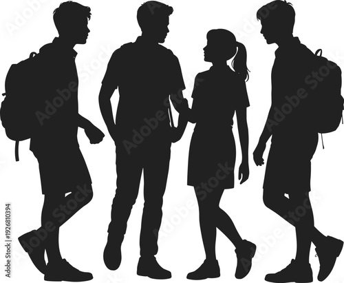 Group of students walking together silhouette isolated on white background, young people with backpacks, education, friendship, teamwork, campus lifestyle concept, college, social