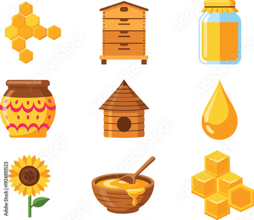 Honey and Beekeeping Vector Set Featuring Honeycomb, Beehive, Jar, Sunflower, Beeswax, and Natural Sweet Food Elements for Organic Design Projects