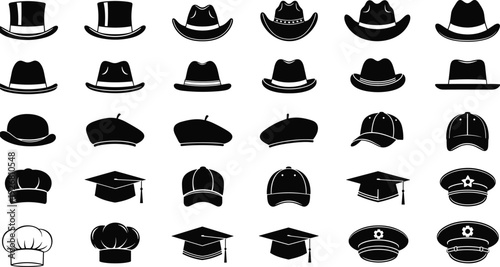 Hat Silhouette Collection Classic and Modern Headwear Icons Black and White Illustration Set Including Fedora Cowboy Cap Beret Graduation Isolated Vector Design