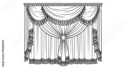Elegant window treatment design with intricate drapery and decorative tassels.