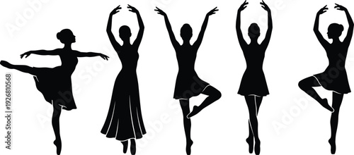Ballet dancer silhouette collection featuring graceful ballerinas performing classical dance poses with elegant movement isolated on white background