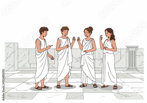 Group of Ancient Greek or Roman Citizens in Togas Discussing Outdoors in a Classical Architectural Setting.