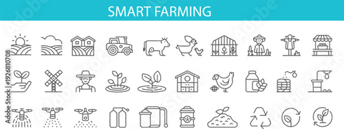 Agriculture and smart farming line icon set with tractor, barn, livestock, drone spraying, greenhouse and organic production outline vector collection