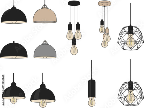 Title
Isometric vector illustration set of modern hanging pendant lamps and industrial ceiling light fixtures for interior home decor and office design