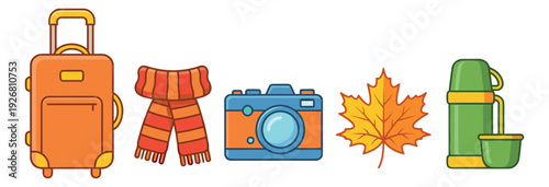 Flat line art autumn essentials set featuring a suitcase, scarf, camera, maple leaf, and thermos for travel