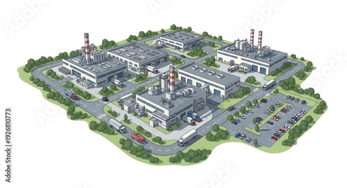 Aerial view of a modern industrial complex with multiple buildings and infrastructure.