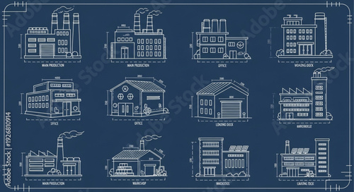 Architectural blueprint showcasing various building designs and structures for construction projects.