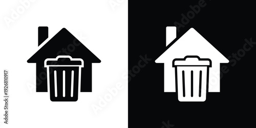 Silhouette of a house with a trash bin symbol. High-contrast vector icon representing residential waste management, garbage collection, or home cleaning services.