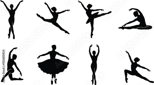 Ballet dancer silhouette collection featuring graceful ballerinas performing classical dance jumps, stretches and elegant poses isolated on white background