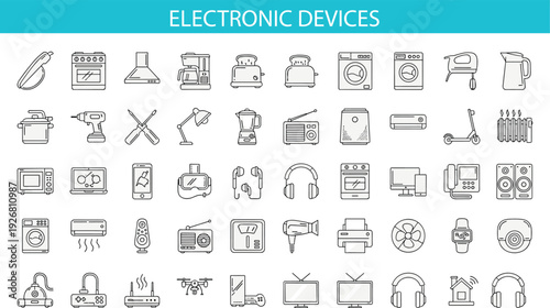 Home appliances and electronic devices line icon set with kitchen equipment, smart gadgets, audio technology and household electronics outline vector collection