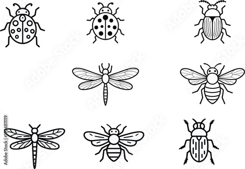 Minimalist black and white insect vector icon set featuring ladybugs, bees, dragonflies, and beetles for nature nature-themed graphic design projects
