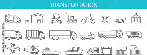 Logistics and transportation line icon set with delivery truck, cargo ship, airplane, warehouse, forklift and global shipping outline vector collection