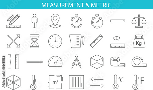 Measurement and metric line icon set with ruler, scale, thermometer, stopwatch, weight, geometry tools and unit symbols outline vector collection
